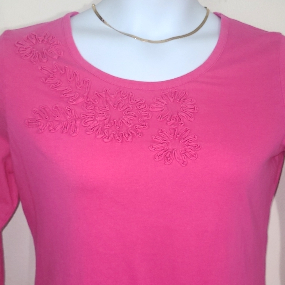 Long sleeve t shirt flower embellishment bright pink 100% Cotton - Picture 3 of 7